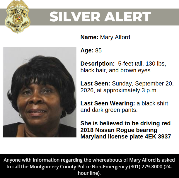 mcpnews's tweet photo. Detectives from the Montgomery County Department of Police – 2nd District Investigative Section are asking for the public’s assistance in locating 85-year-old Mary Alford from Gaithersburg. 

https://t.co/Nv1ZM6kDI3

#MCPNews #MCPD https://t.co/3BniXXuKKj