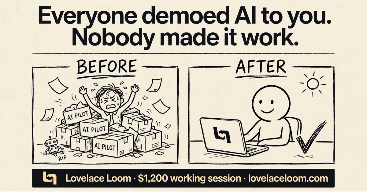 lovelaceloom's tweet photo. There's a graveyard of AI pilots in every company we've met.
Not because the tech failed, because nobody stayed to finish the job.
We stay. $1,200 Working Session → https://t.co/hYwf7WXbhY https://t.co/CNQuEkjRjg
