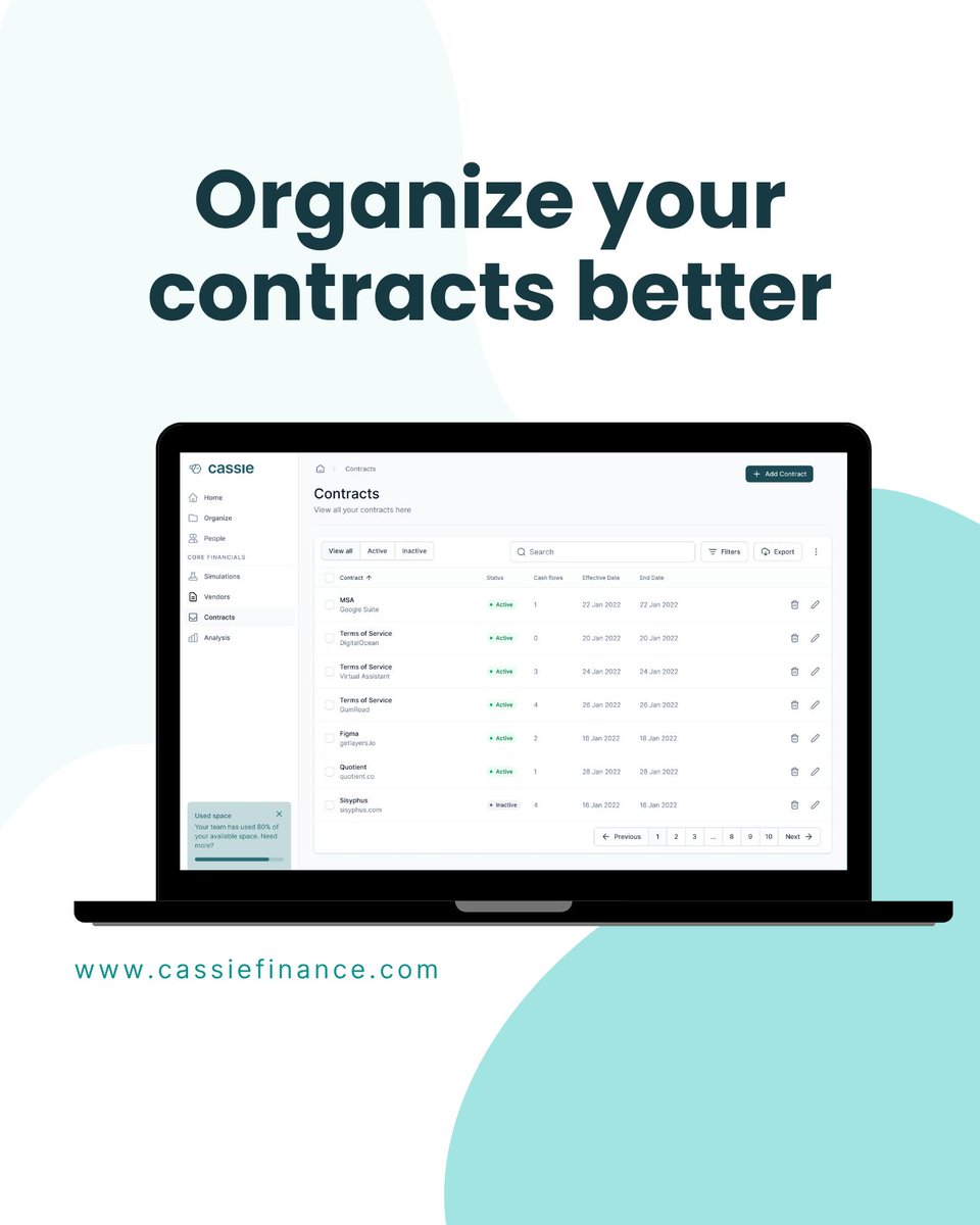cassiefinance's tweet photo. Every contract, every vendor, every renewal date — searchable in one place.

Cassie stores your contracts, pulls out the key financial and legal terms, and flags what's expiring before it sneaks up on you. https://t.co/I1dT6Z9UwV