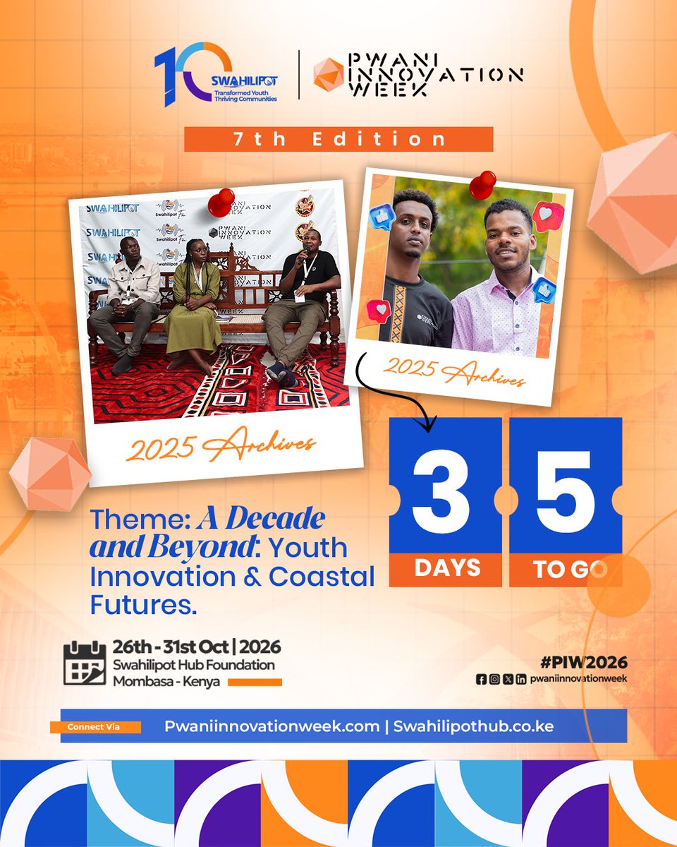 swahilipothub's tweet photo. Six days.
Countless ideas.
One unforgettable experience. 

#PwaniInnovationWeek is almost here!
A Decade and Beyond: Youth Innovation &amp; Coastal Futures. https://t.co/4OvD3v4Q8x