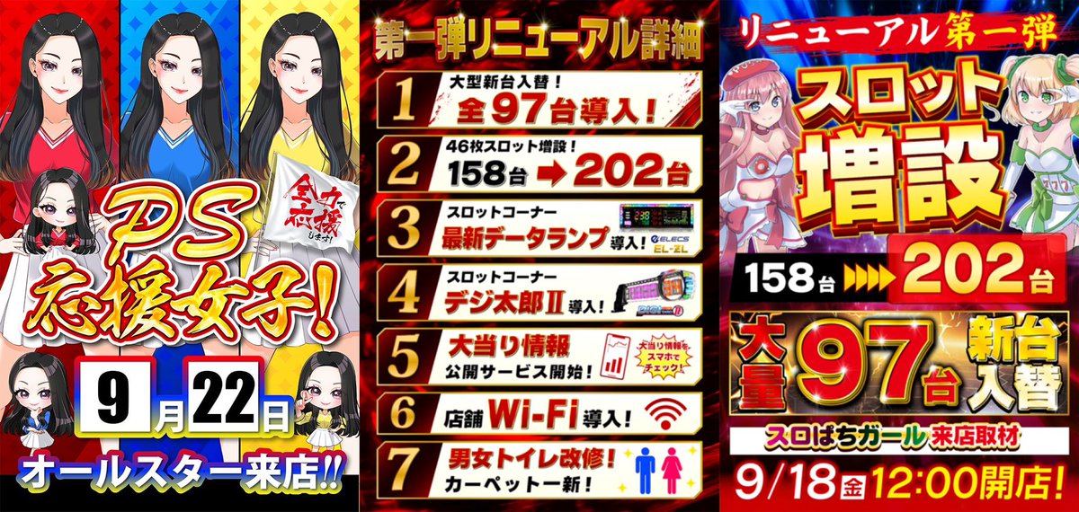 KD_56_PS's tweet photo. 🔥京都フォーカスのリニューアル🔥

📅9/22
🏬京都フォーカス
🌈リニューアルオープン5日目🌈
🌈PS応援女子来店（R/B/Y）

📖
🌈リニューアル期間毎日強い結果🌈
✅初日平均差枚+706枚✅
✅2日目平均差枚+397枚✅
✅3日目平均差枚+437枚✅
まだまだ強い予想してます👏
.
という事でシルバーウィークの京都は
このお店で問題ないですね🔍
このお店が大々的に動くなんて
そら期待したくなる🔥🔥
.
すろいべさんが実況してくれてるので
引用とオプチャから確認してた方が！
→https://t.co/7QlteXuHmM

--------

✅リニューアル内容
①大型新台 全97台導入
②46台スロット増設
158台 ➡️ 202台
③最新データランプ導入
④デジ太郎Ⅱ導入
⑤大当り情報公開サービス開始
⑥店舗Wi-Fi導入
⑦男女トイレ改修
⑧カーペット一新
.
リニューアルのスケジュールも
超豪華なラインナップとなっている✨✨
京都フォーカスのリニューアル期間
かなり強いものになるのは確実😏
.
✅リニューアル期間スケジュール
📅9/18
スロぱちガール来店PS

📅9/19　
スロパチステーション来店取材(赤)

📅9/20　
スロパチステーション来店取材(赤)

📅9/21　
PS応援女子来店(赤)

📅9/22　
PS応援女子来店(赤/青/黄)

📅9/23　
ポーカーゲーム×しゃろん来店

📅9/24　
シバター来店

--------

京都・滋賀に特化した
関西すろいべオプチャに参加して損なし！
→https://t.co/7QlteXuHmM

🔗入場整理券配布
⚠️9:30〜
抽選時間など情報は
常に確認してた方がいい！
⬇️
✔️各種SNSも登録&確認
🔗店舗HP
https://t.co/aYyYdHsUg9

🔗店舗公式LINE
https://t.co/A021UxLGRr

🔗店舗公式X
@kyoto_focus