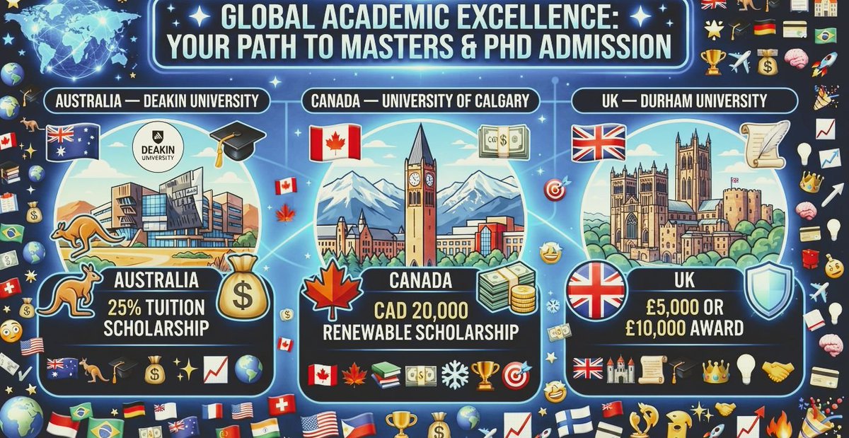 EFEmanicc's tweet photo. Aiming for A+ or Grade A in your IELTS, GMAT, TOEFL, SAT Advance Your Academic Career for ur Master’s and PhD. Be rest assured of getting admission to the following universities. Below are excluding our professional fees.
1. Australia — Deakin University
Deakin International Scholarship.
2. Canada — University of Calgary. International Entrance Scholarship
3. UK — Durham University. Inspiring Excellence.
Kindly join via whatsapp link: https://t.co/8SseEV1IGZ
IG @Mscphdeducation