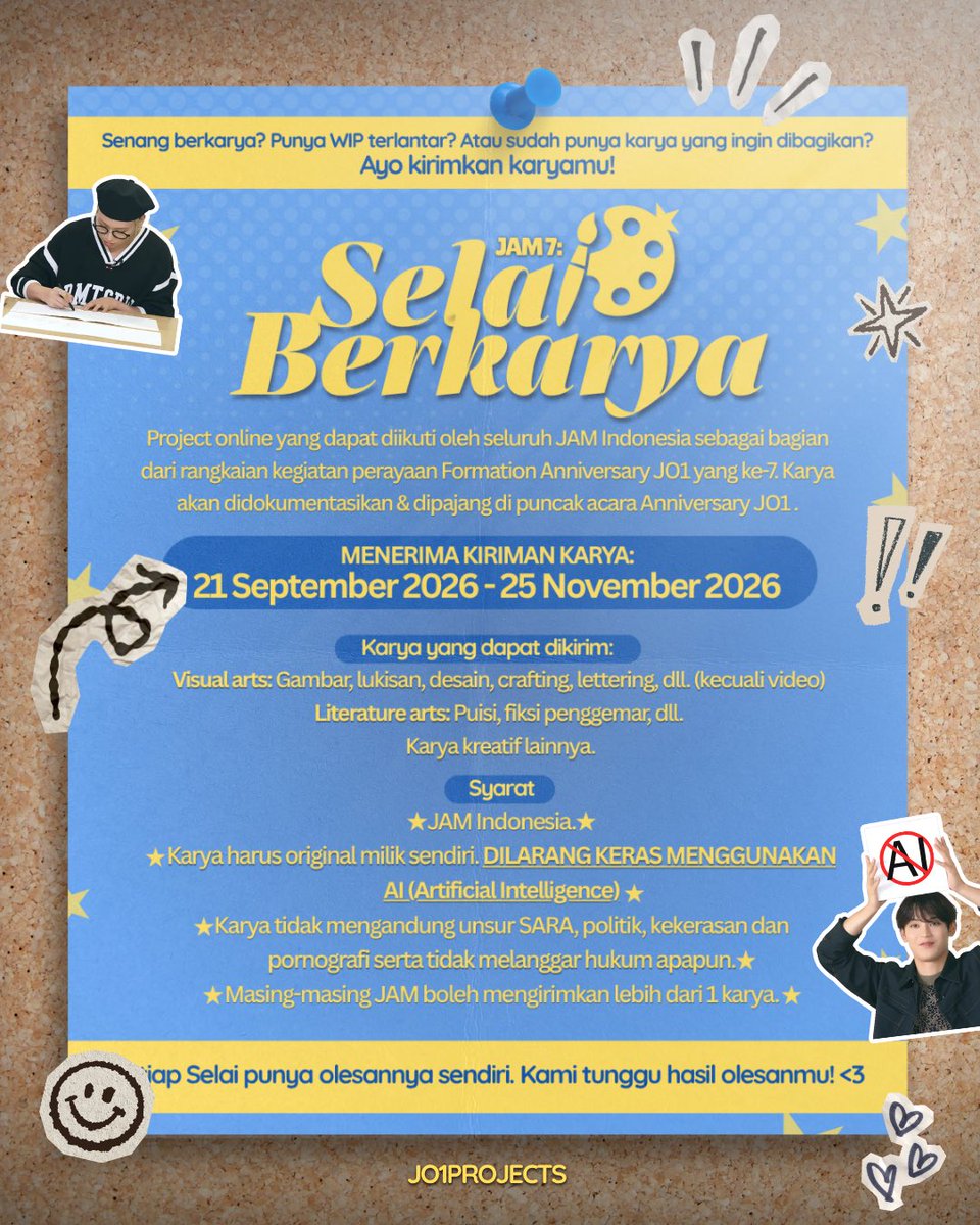 JO1PROJECTS's tweet photo. 𝙆𝙍𝙄𝙉𝙂!! 𝙆𝙍𝙄𝙉𝙂!!🔔

Pekan Kreativitas Siswa 𝗝𝗢𝟭 𝗦𝗰𝗵𝗼𝗼𝗹 segera dimulai. Baca persyaratannya di mading sekolah berikut ini.

Ditunggu partisipasinya, JAM!👩🏻‍🏫🎨

#SelaiBerkarya #SaatnyaSelaiSekolah 
#SelaiSayangJO1 https://t.co/s464iG8wKy