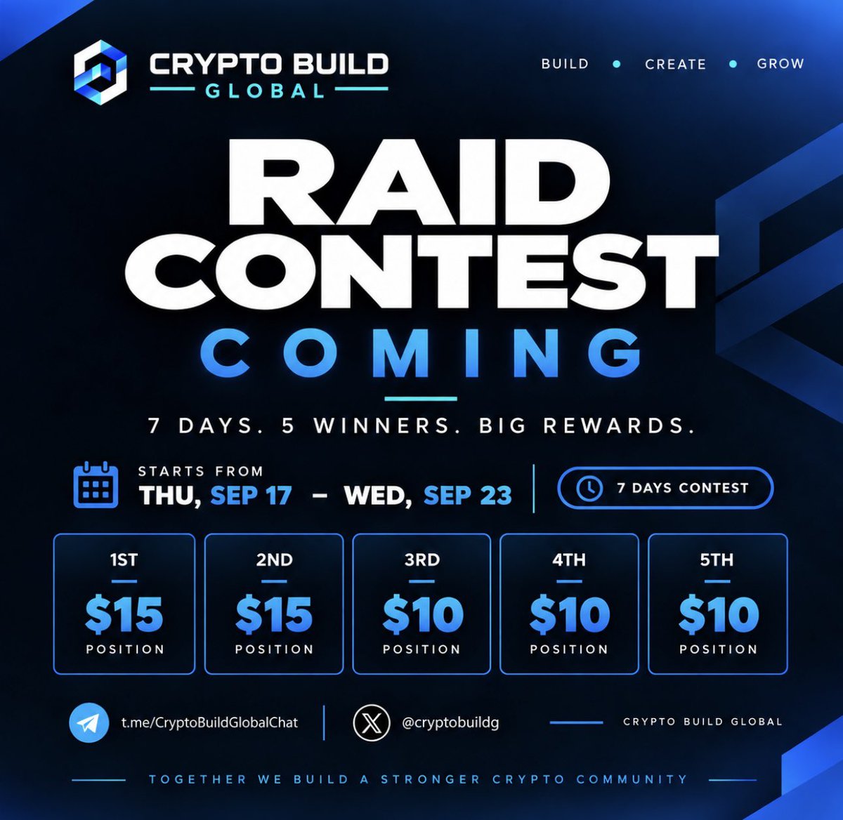 CryptoBuildG's tweet photo. 🚨 Hello, Builders! 🚨

Only a few more days left in the Raid Contest! 🔥
Who will take the top spots? 👀
Will it be YOU? 🏆

Keep raiding. Keep building. Let’s finish strong! 💪

🌎 Join the fun:
https://t.co/bQIc3EdVVL

#CryptoBuildGlobal #CommunityFirst #CryptoCommunity #Web3 #Builders