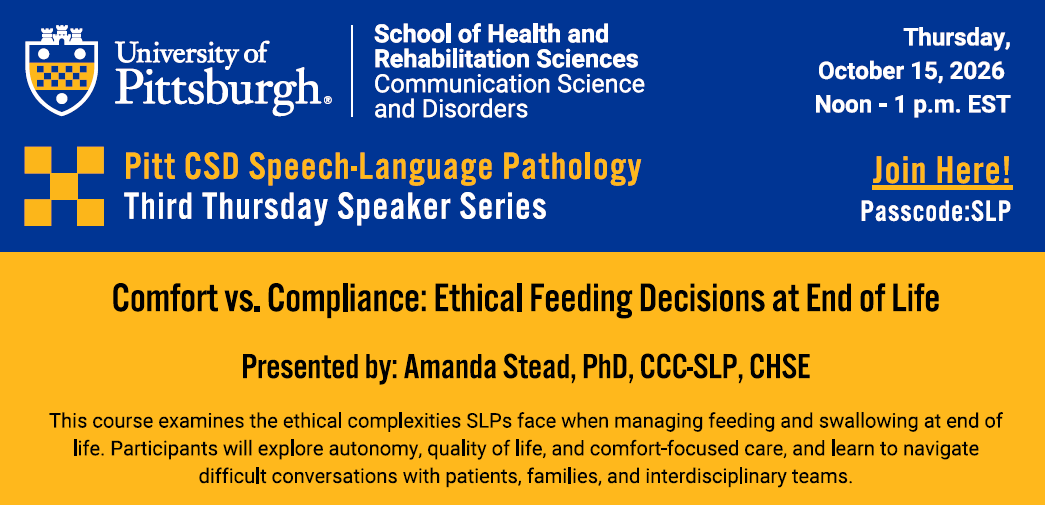 PittCSD's tweet photo. Please join us for an #PittCSD SLP Third Thursday Speaker Series on Thursday, October 15th at 12PM EST via Zoom! #PittSHRS

https://t.co/R0c1REoCYM
Passcode: SLP https://t.co/q0jhmbD6wV