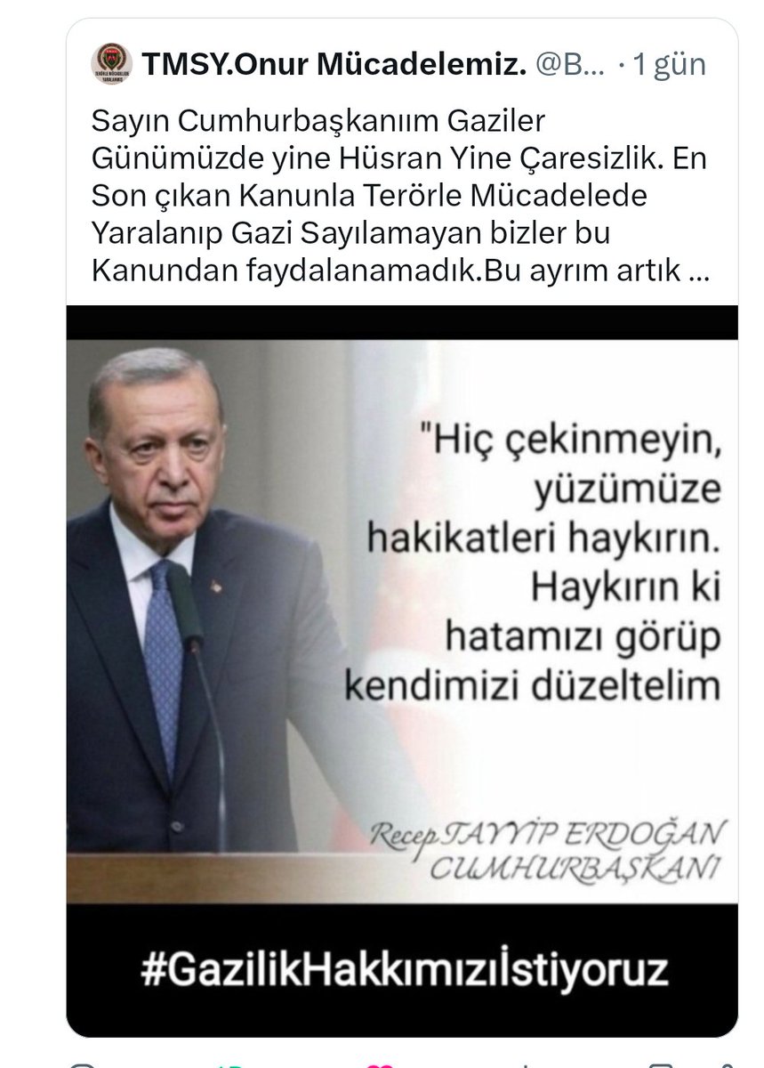 BilalTASDEMR1's tweet photo. @YakupBabaolu1 @ErtugrlGaziTmsy @TmsyGaziler @tcbestepe @RTErdogan @MHP_Bilgi @dbdevletbahceli @tcailesosyal @MahinurOzdemir @ztarikdaroglu @SayimMadak @ashb_sehitgazi @mhrmkurt https://t.co/zHHEKtQH5v
