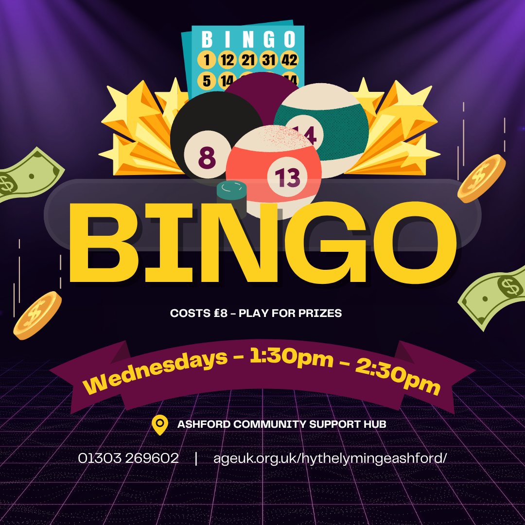 AgeUKHL's tweet photo. 🎉 Bingo at Age UK Ashford

A fun, friendly Wednesday afternoon with prizes to be won!

🕜 1:30–2:30pm
💷 £8
📍 Farrow Court, Ashford
📞 01303 269602

Everyone welcome! 💙

#AgeUKHLA #Ashford #Bingo #CommunityEvents https://t.co/C5Q9m41U72