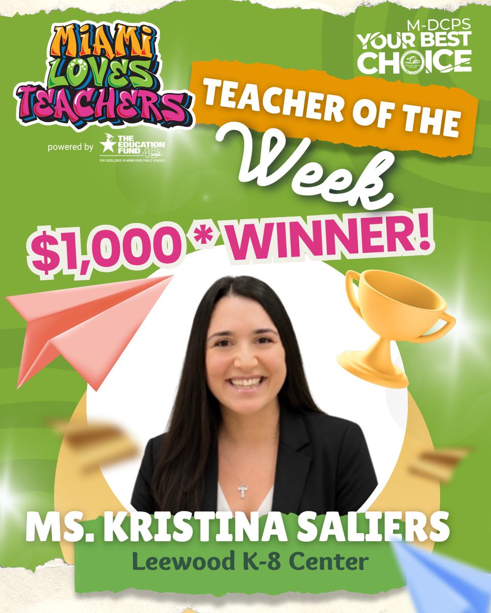 MDCPS's tweet photo. Congratulations to Ms. Kristina Saliers, this week's Teacher of the Week from Leewood K-8 Center!

Each week, the @EducationFund, @2026MiamiHC, and @CFPExtraYard celebrate incredible @MDCPS educators who inspire, lead, and make a difference in the lives of their students.

Know a teacher who deserves to be next? Visit https://t.co/XORKcABSY8 to share your story and help us recognize those who make M-DCPS #YourBestChoiceMDCPS