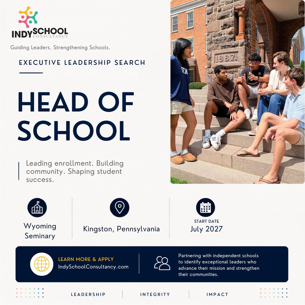 ISCconsultancy's tweet photo. 🎉 Head of School

Wyoming Seminary | Kingston, PA

Founded in 1844, Sem is seeking its next Head of School to help lead the School into its next chapter while building on 180+ years of tradition.

Deadline: Nov. 1, 2026

Apply:
 https://t.co/WXjUKjc3sM https://t.co/BozGu3kbJw