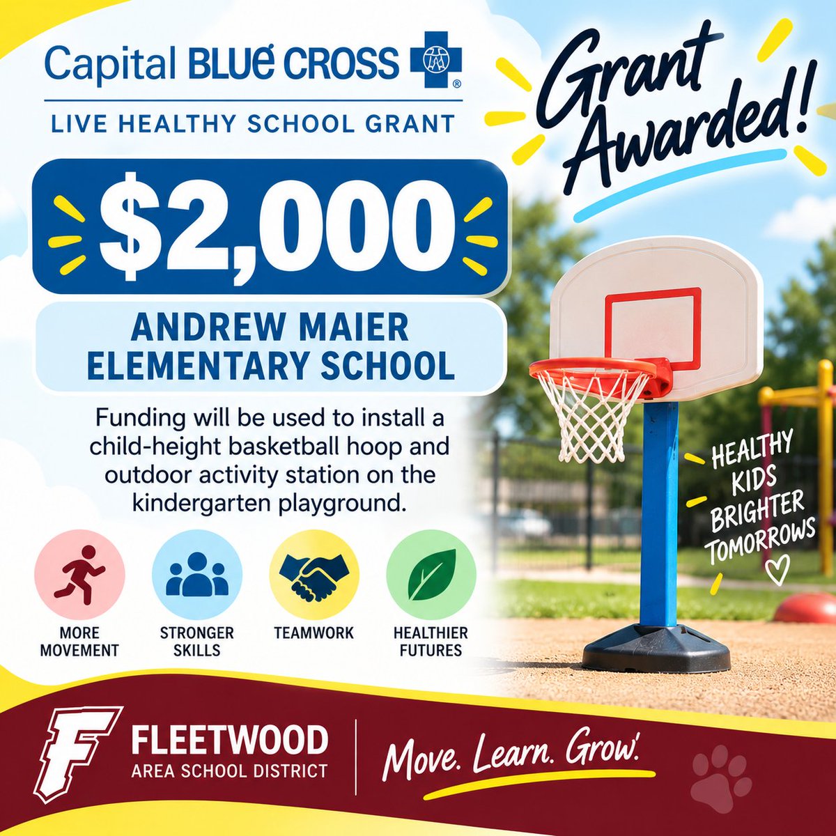 FASDTigers's tweet photo. 🏀 Andrew Maier Elementary received a $2,000 Capital Blue Cross Live Healthy School Grant to add new activity equipment to the kindergarten playground! 💙 https://t.co/pTscenzl44