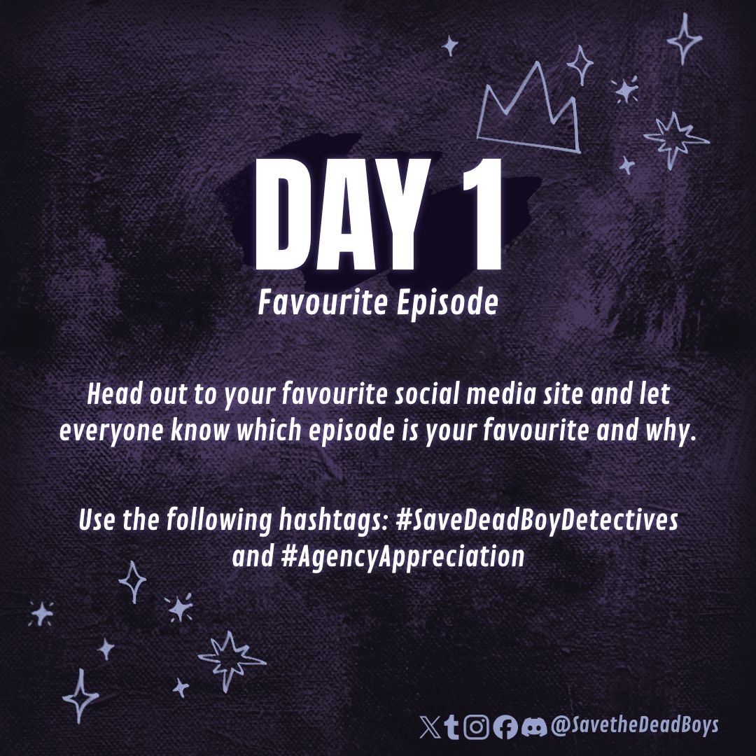 SaveTheDeadBoys's tweet photo. And so we begin! With eight incredible episodes, we know picking a favorite may be hard. But, do your best and tell us why you love it!

#SaveDeadBoyDetectives
#AgencyAppreciation https://t.co/mlRHAcajiF