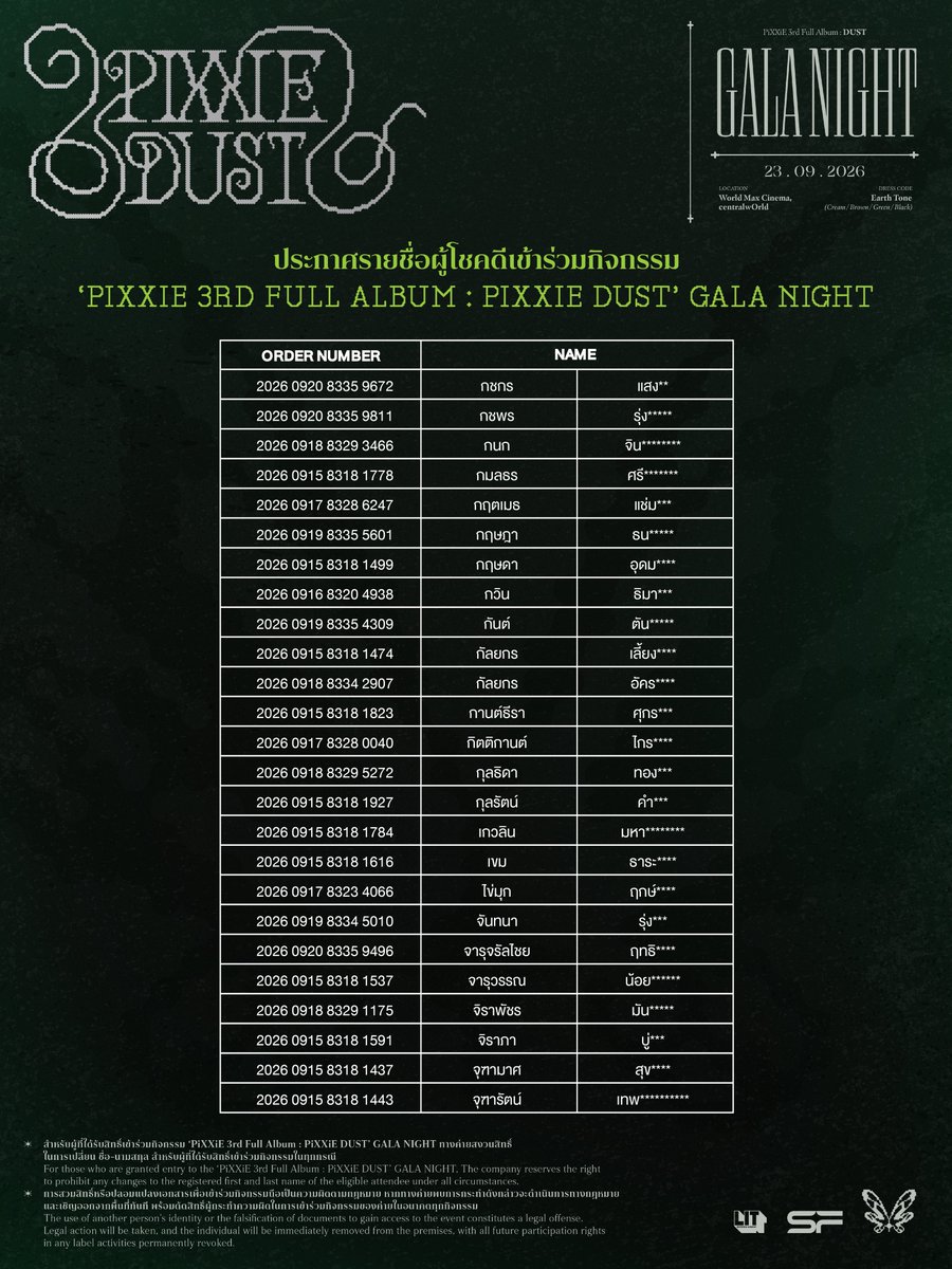 PIXXIEofficial_'s tweet photo. ประกาศรายชื่อผู้ได้รับสิทธิ์เข้าร่วมกิจกรรม ‘PiXXiE 3rd Full Album : PiXXiE DUST’ GALA NIGHT 🌫️💫

📆 September 23, 2026
⏰ 3PM (GMT+7) Onwards
📍 World Max Cinema, centralwOrld

📢 ติดตามรายละเอียดเพิ่มเติมได้ที่โซเชียลมีเดีย PiXXiE ทุกช่องทาง

#PiXXiE
#PiXXiE_DUST
#PiXXiE_3rdFullAlbum
#PiXXiE_DUST_GalaNight
#DUSTEMBER
#litentertainmentth