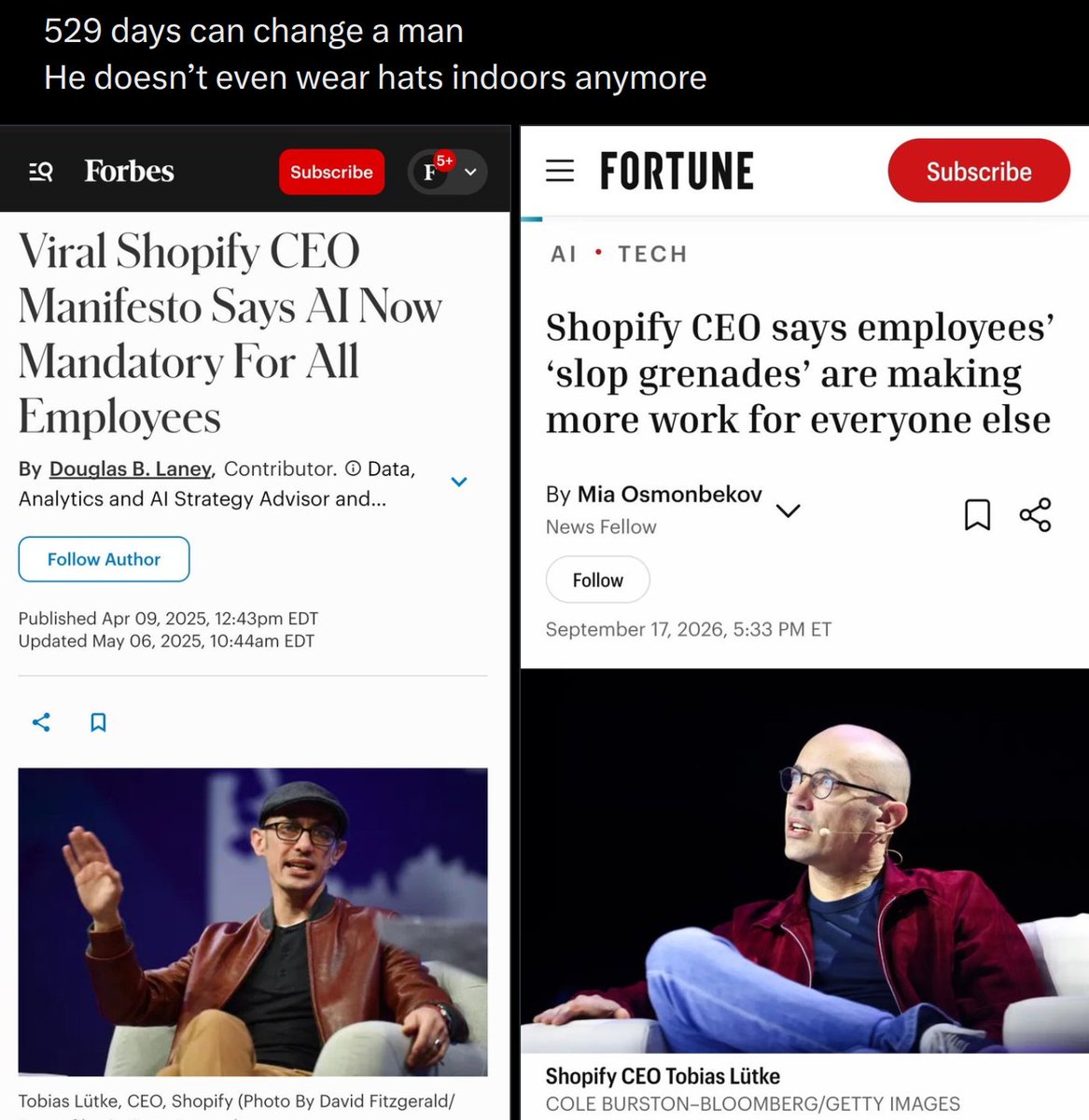 PR0GRAMMERHUM0R's tweet photo. Mandate the AI, inherit the slop, lose the hat somewhere in between. https://t.co/gr6ymDdgmf