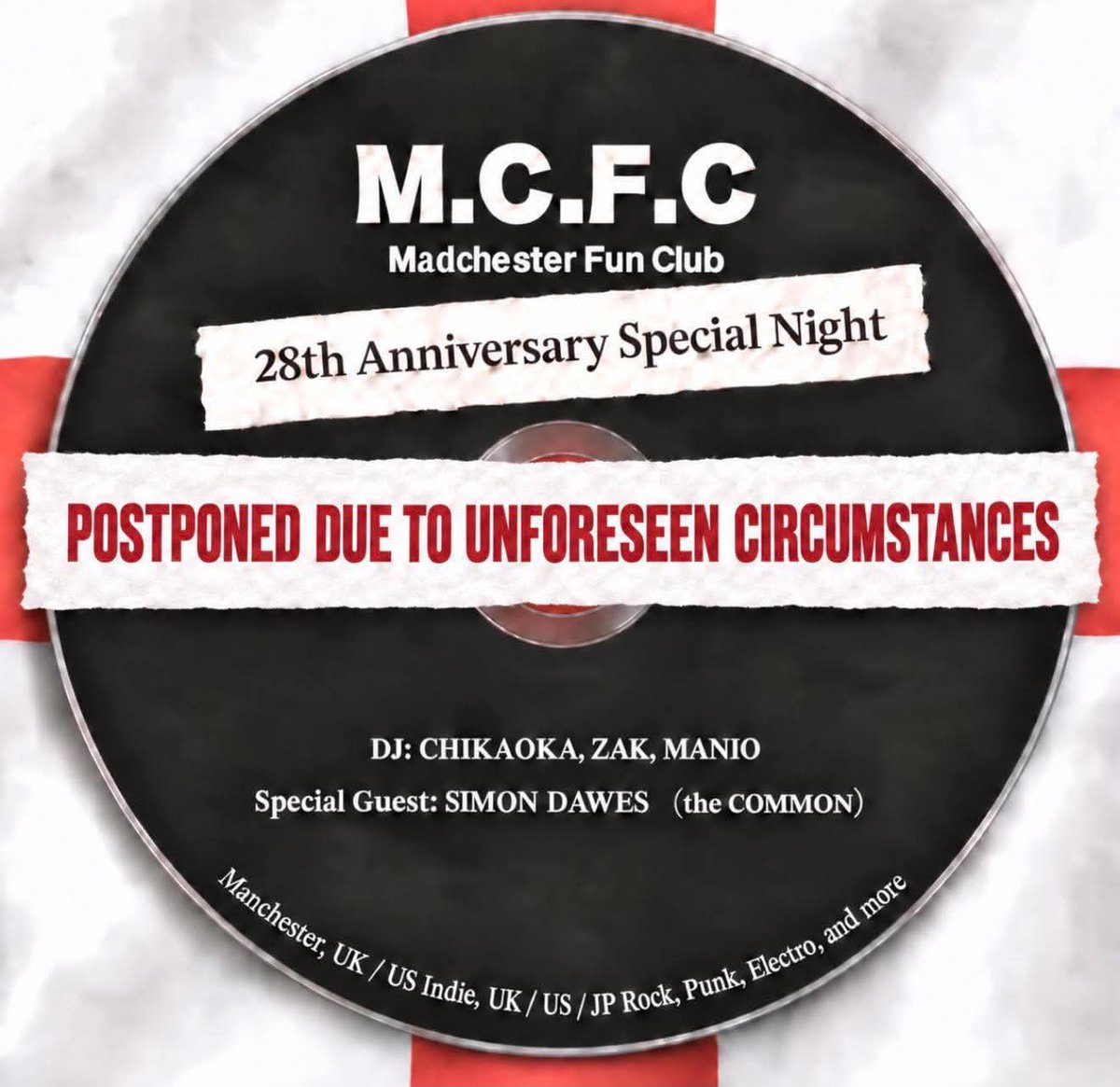 exsmilekick's tweet photo. 【延期のお知らせ】
MADCHESTER FUN CLUB 28周年記念祭ですが私のやむを得ない事情により延期となります。振替日程につきましては決まり次第お知らせします。28周年記念祭は延期となりますが当初予定していた9月23日（水）18:00〜22:00は通常営業いたします。よろしければぜひ遊びに来てください https://t.co/vQIsYyDwKh