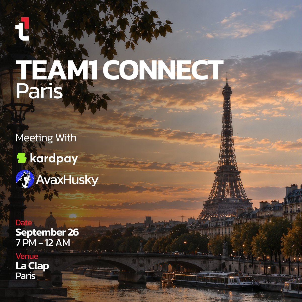 Team1FR's tweet photo. Team1 Connect Paris en featuring avec @AvaxHusky &amp; @kardpay, c'est ce weekend !

Le Samedi 26 Septembre à 19h au Bar La Clap à Paris

Inscrivez vous dès maintenant, places limitées, intervenants de qualité et dinner offert !

Lien d'inscription ⬇️ https://t.co/fOApBs5gOD