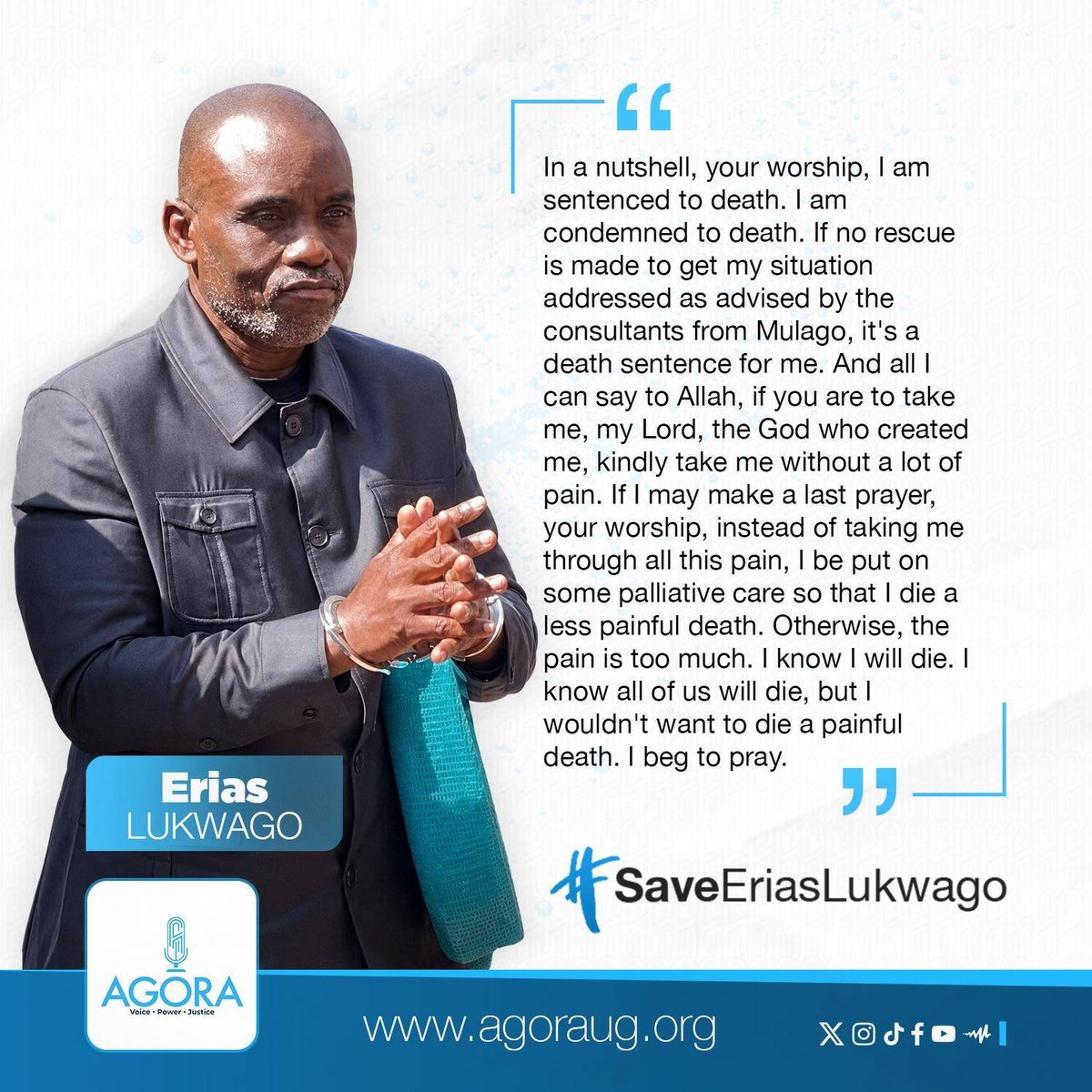 AgoraCFR's tweet photo. On August 31, 2026, @UgandaPrisons  confirmed that former Kampala Lord Mayor @EriasLukwago_  had been evacuated from Luzira Prison to the Joint Clinical Research Centre (JCRC) in Lubowa for medical attention. Prisons said he was stable and not in danger. Yet detailed public information about his condition, treatment and continued detention has remained limited.
Lukwago's medical concerns include hypertension and chronic respiratory complications, including post-COVID lung disease and mild cylindrical bronchiectasis. His health has featured in applications for bail and calls for specialised treatment in India.
#SaveEriasLukwago 
#FreeEriasLukwago