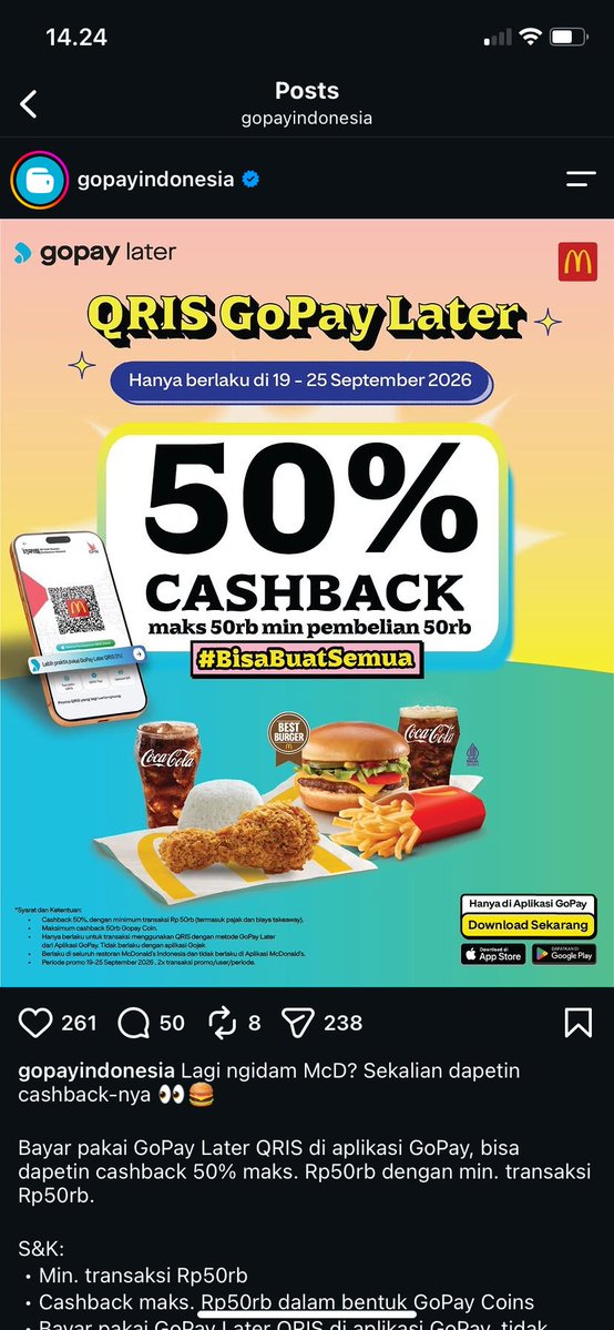 Panggilvee's tweet photo. tadinya mau bayar biasa di mcd, terus ternyata ada cashback 50% sampe 50rb kalo pake gopay later. GoPay Later Lebih Murah emang ada aja promonya https://t.co/BN0rb2K6o4