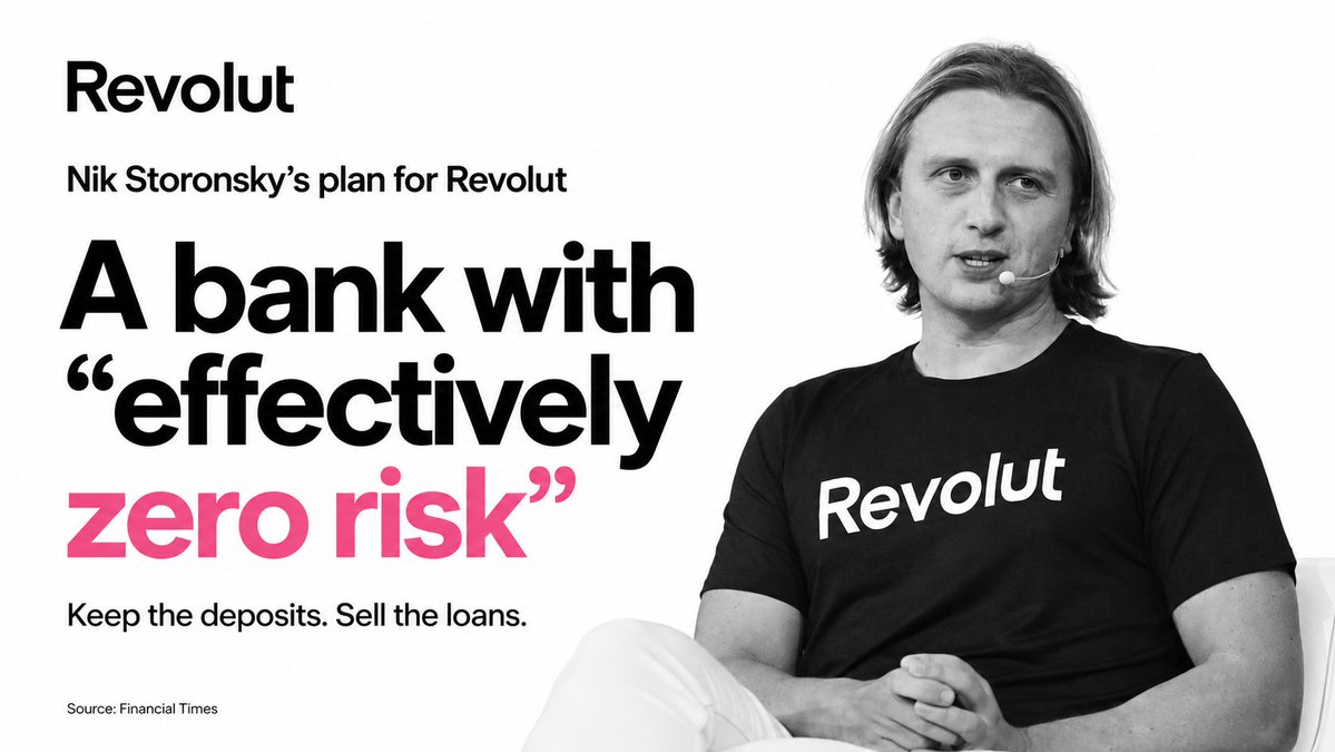 sytaylor's tweet photo. Nik Storonsky says Revolut will be a bank with "effectively zero risk."

He started his career trading derivatives at Lehman Brothers.

Storonsky told the FT today that Revolut will cap lending at 10-20% of deposits. It will sell the loans it does make, whole or through securitizations, what some call an "asset-light model"

Revolut lends about 6% of its deposit funding base. A typical bank lends out closer to 100%.

At the end of 2025, Revolut held GBP 50.2bn of customer balances and a GBP 2.2bn loan book. It kept 90% of its assets in cash and treasuries.

---

This is a fundamentally different business model from traditional banks where the goal was "net interest margin." Take deposits, lend them out, and earn the spread. Profit depends on the current interest rate, and every new loan needs more capital.

Revolut uses the license to hold your salary and savings. It earns from cards, FX, wealth and subscriptions.

Storonsky puts Return on Equity (ROE) at 40-50% after stripping out excess capital. That is about double the best banks, and higher than Nubank.

And you can see this in how investors are reacting. They valued Revolut at $115bn in July, around 68x 2025 net profit of $1.7bn. Barclays was worth about $95bn the same week on $12.9bn of net profit.

---

"Zero risk" here means credit risk.

Three risks stay with Revolut:

1. Rate cuts shrink interest income, which was GBP 974m in 2025 (22% of revenue).

2. Loan sales need private credit and securitization buyers to keep buying.

3. Fraud, AML and outages become the main ways Revolut can lose money or a license.

Northern Rock failed in 2007 when the securitization market shut, because it funded itself there. Revolut funds itself with deposits. A shut market would stop its lending growth and leave its funding intact.

---

If you hold a license or want one, decide what you want it for.

Fee income grows without tying up capital, and investors pay tech multiples for it.

Private credit funds want consumer loans and have no customers to lend to. Revolut has 80M. It can originate the loans, sell them to the funds and keep the fees.

What makes this so interesting to me is HOW different it is from Nubank.

Nubank is THE subprime lender in Brazil. It made that wildly profitable. It is a bank that lends.

Revolut is in Europe, where interest rates are far worse, credit spreads are tighter, and it builds an entirely different machine.

h/t @maxkarpis for the story find
