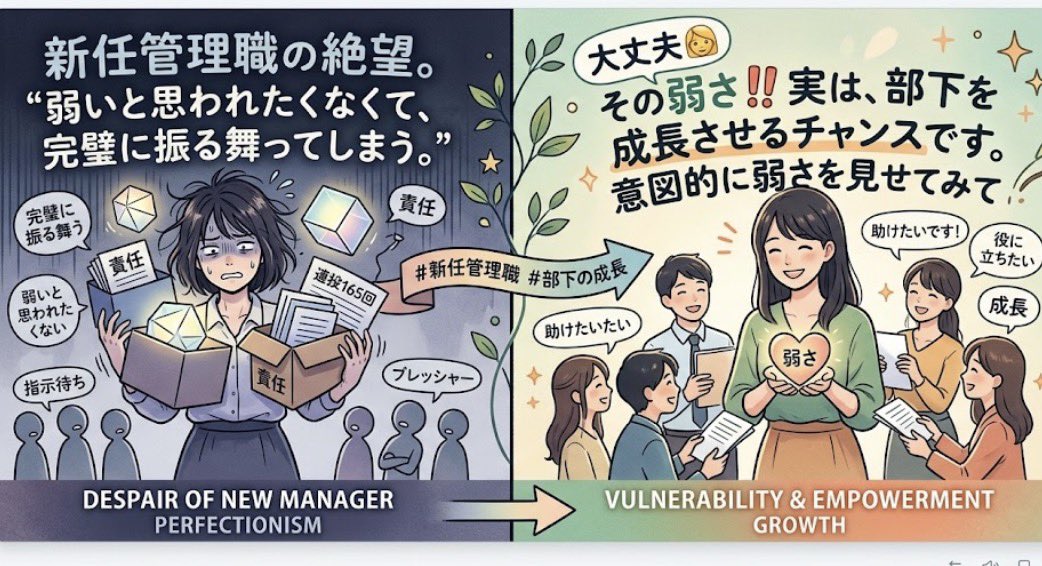 MARIKOOZAWA33's tweet photo. 【連投165回】新任管理職の絶望。

部下に『弱い』と、
思われたくなくて完璧な上司を演じ続ける

部下は成長せず、

あなたは孤独になる。

実は
意図的に弱さを見せた方がいい

助けてほしいと
言える上司の下でしか

部下の当事者意識は育たない

完璧を演じるのは誰のため？
#新任管理職
#部下成長 https://t.co/TowdBMAtGL