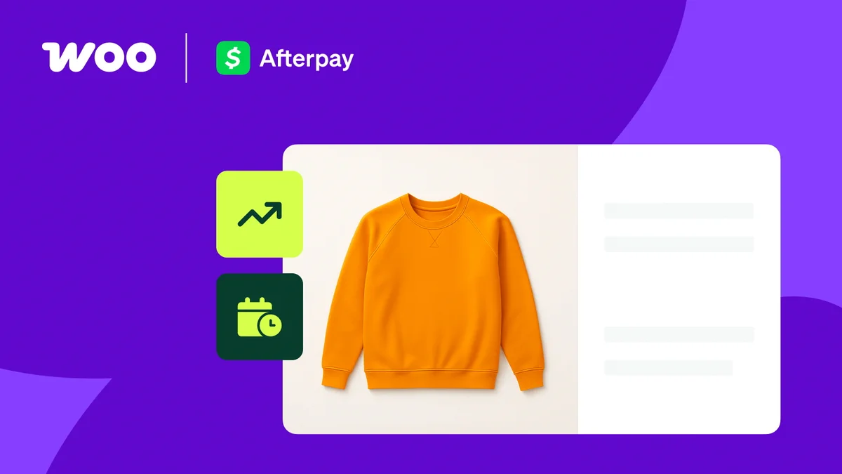 Woo and Afterpay logos above a store product image for an orange crewneck sweatshirt, with icons representing increased sales and buy now, pay later.