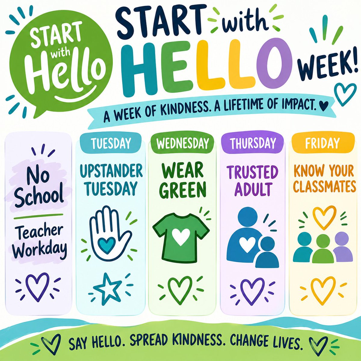 HembyBridgeESNC's tweet photo. Start With Hello Week is Sept. 22–25! 👋💚 Throughout the week, our Bulldogs will focus on building connections, showing kindness, and helping everyone feel like they belong. Sometimes, it all starts with a simple HELLO! 💜🐾

#StartWithHello #BulldogNation https://t.co/8TZuMmtMc2