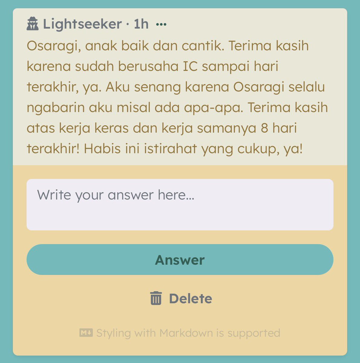 MagoPopBase's tweet photo. Ada untuk Hisoka, keren katanya jadi Hisokanya (jujur, merinding dikit /pos).

Untuk Durin (uninstallin Capcut-nya) done.

Untuk Osa-chan yang cantik dan imut terus sampai hari akhir!

Childeeeee, ini adiknya kekunci, Childeeee. Gak tau dah adik siape. Wkwkwkwkwkwk. https://t.co/fSIdlmmy6v