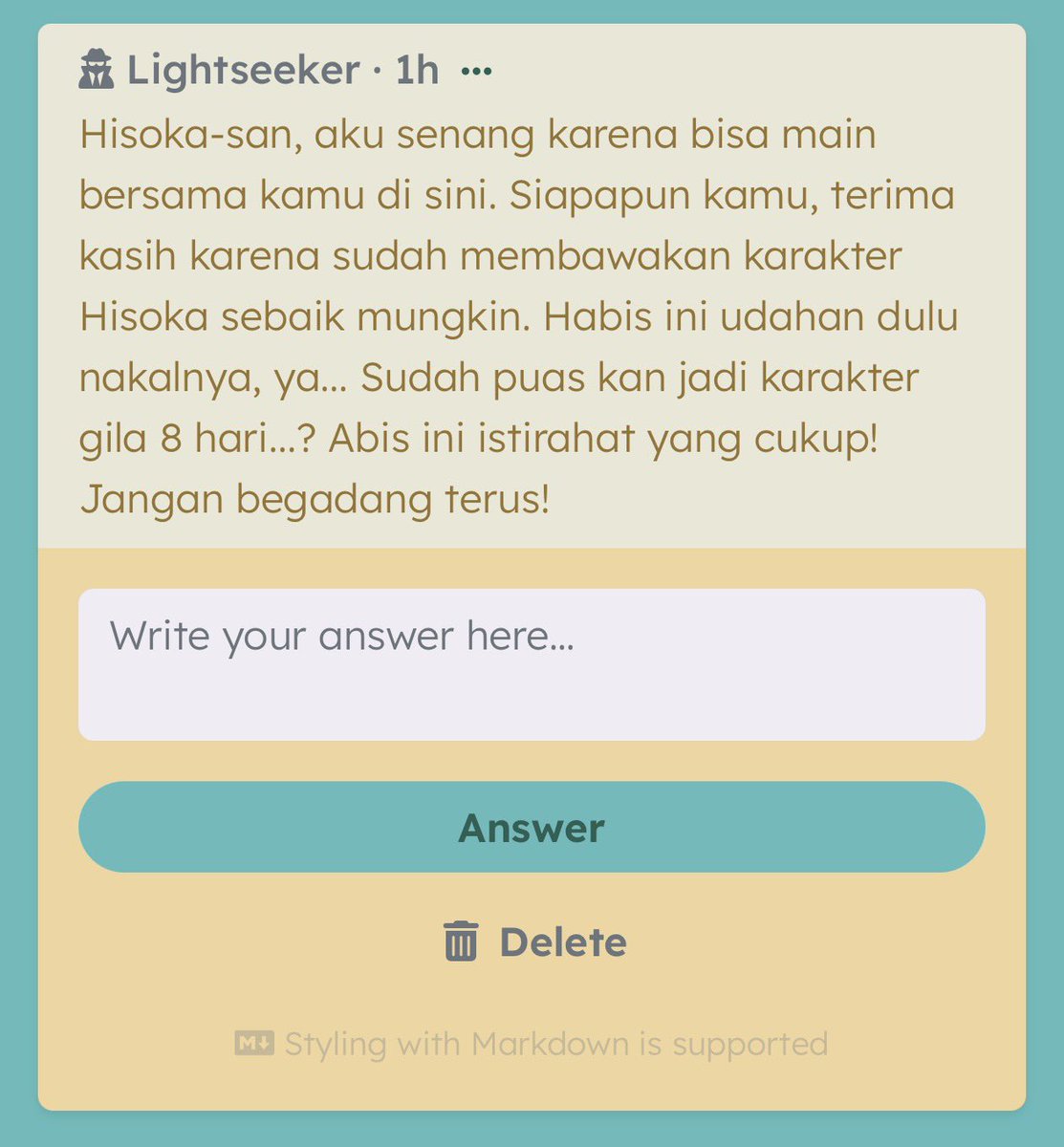 MagoPopBase's tweet photo. Ada untuk Hisoka, keren katanya jadi Hisokanya (jujur, merinding dikit /pos).

Untuk Durin (uninstallin Capcut-nya) done.

Untuk Osa-chan yang cantik dan imut terus sampai hari akhir!

Childeeeee, ini adiknya kekunci, Childeeee. Gak tau dah adik siape. Wkwkwkwkwkwk. https://t.co/fSIdlmmy6v
