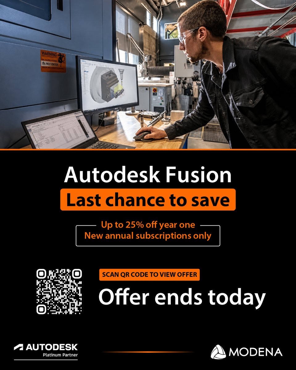 ModenaBIM's tweet photo. Final day to save up to 25% on the first year of a new Autodesk Fusion subscription.

Connect design, engineering and manufacturing in one platform before the September Flash Promo ends today, 21 September 2026.

Learn more: https://t.co/kqGABzl37E

#MakeWithModena https://t.co/kSIokuvcuq