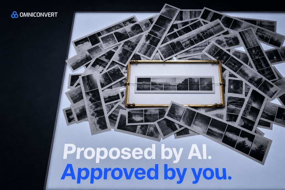 Omniconvert's tweet photo. Your approval queue didn't shrink when you added AI tools, it grew. Approving each proposal by hand is the same bottleneck with an AI label on it. Nexus proposes inside limits you set, and never publishes on its own. https://t.co/FyNcyVVUTu