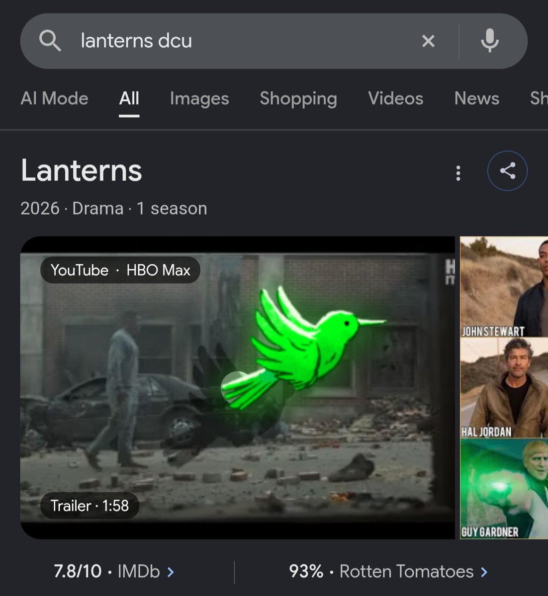 nathan_h7x's tweet photo. @MrKnowItAll Hello, good sir. I found this today and not sure if you or others knew it - if you google Lanterns DCU (and I'm sure some other combinations) a green bird construct pops up and flies around the screen. If you click on it - you get taken to a trailer. 💚 https://t.co/0OFz2opopg