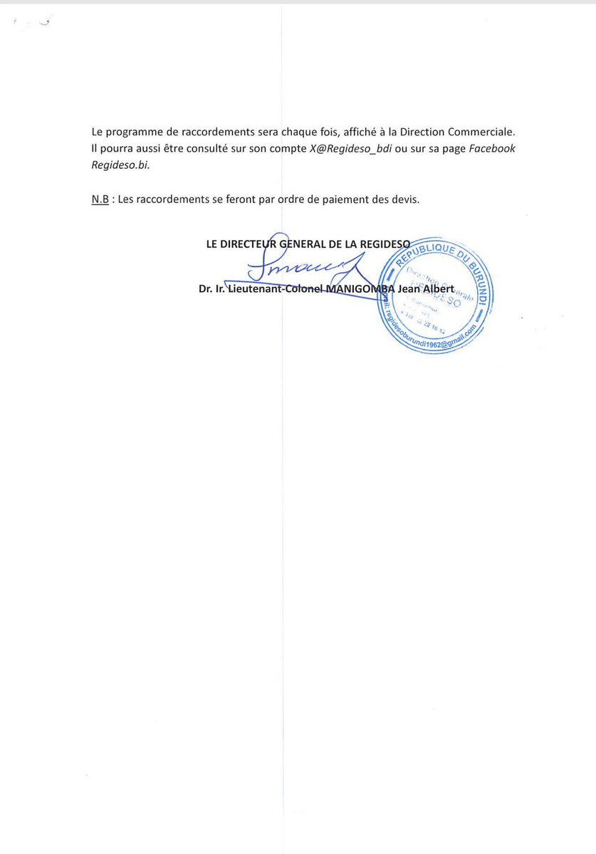 Regideso_bdi's tweet photo. Les raccordements électriques se poursuivent dans la ville de Bujumbura. Pour la semaine du 21/09 au 25/09/2026, le programme de raccordement des clients suivant l'ordre de paiement dans les communes de NTAHANGWA, MUGERE et MUKAZA se fera suivant le calendrier ci-après : https://t.co/xXhpfFvKnX