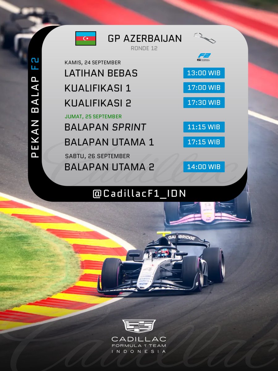 CadillacF1_IDN's tweet photo. Setelah 8 ronde seri F2 bermusim di benua Eropa, akhirnya serangkaian balapan benua Eropa akan berakhir dan selesai di GP Azerbaijan yang menjadi ronde ke-12 di musim ini! ๐ฅน
#CadillacF1TeamIndonesia #CadillacF1Team #ColtonHerta #HitechGP #Formula2 #F2 #AzerbaijanGP https://t.co/Dn6xb5JvIO