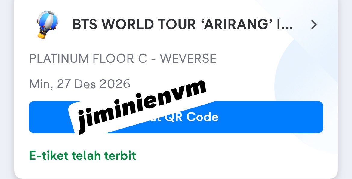 jiminienvm's tweet photo. WTS BTS Arirang Jakarta 2 tix
platinum floor day 2 arirang jakarta
all proof provide
bisa cod jkt & jambi
#wtsarirangjakarta
#wtsbtsina https://t.co/xW8Z8Axph2