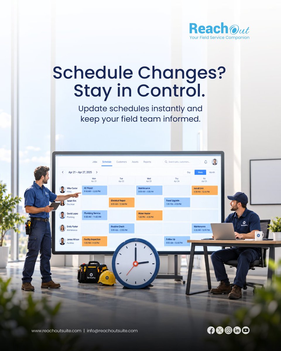 ReachOutSuite's tweet photo. Plans change. Your field schedule should adapt just as quickly.
Update jobs, reassign technicians, and notify your team instantly with ReachOut’s Graphical Job Scheduler.
https://t.co/QxZl4bB3B5
#FieldService #JobScheduling #DispatchSoftware #FieldOperations #ReachOut https://t.co/JoohMxp6Et