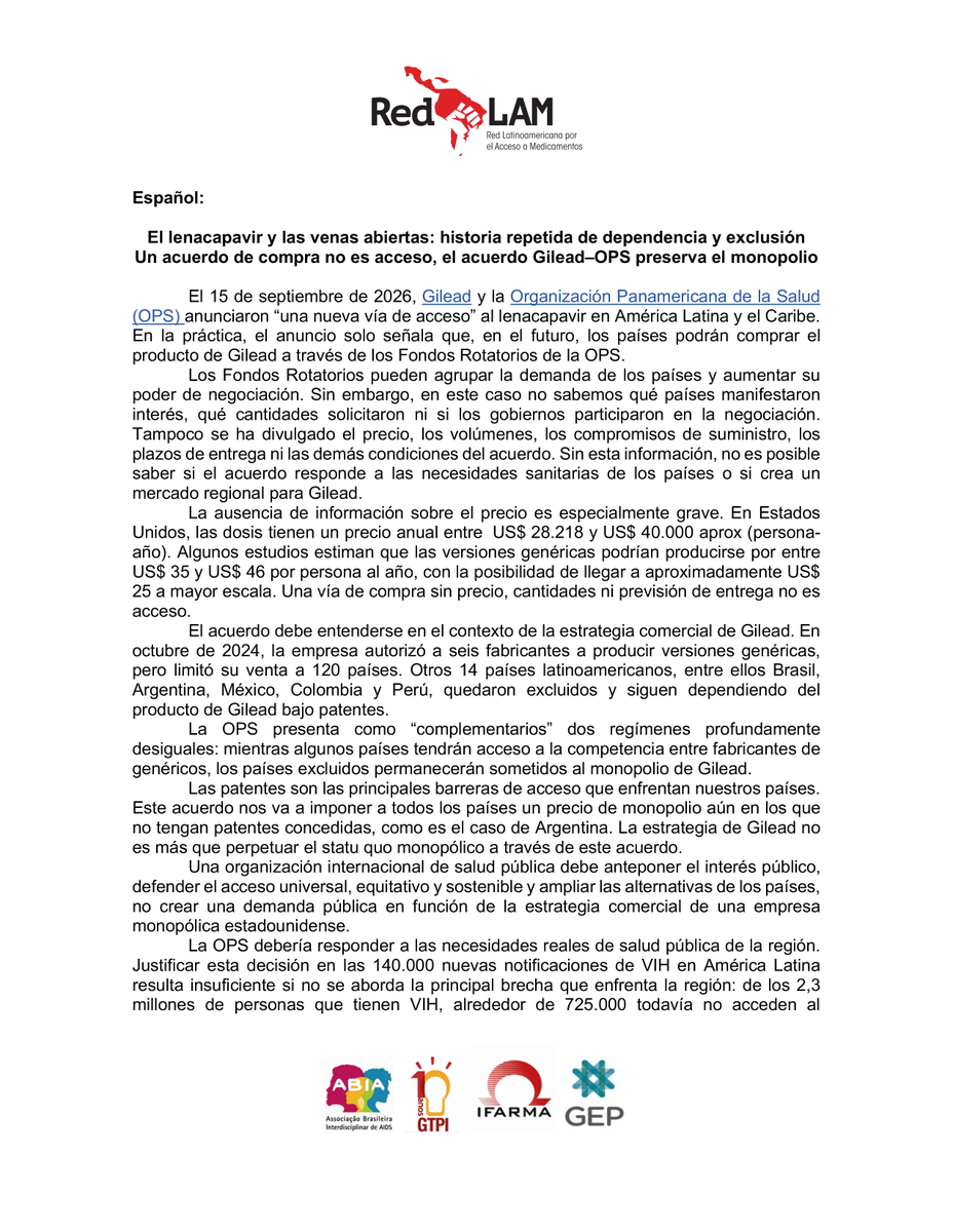 ifarma's tweet photo. Un acuerdo de compra no es acceso. 

El acuerdo Gilead–OPS sobre lenacapavir preserva el monopolio sin revelar precios ni garantías de suministro. 

América Latina necesita genéricos, transparencia y soberanía farmacéutica.

La salud no puede depender de un monopolio. https://t.co/iNIAJp5X40
