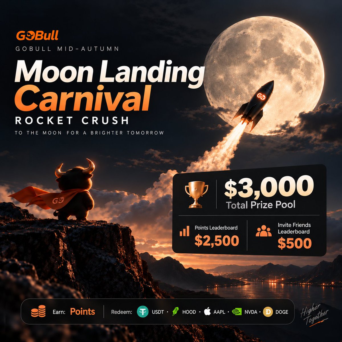 GoBull_markets's tweet photo. 🌕 GoBull Moon Landing Carnival is LIVE! 🚀

Launch Rocket Crush, lock your multiplier before the crash, and earn USDT / $HOOD / $AAPL / $DOGE/ $NVDA rewards.

👉 https://t.co/ZJkeKQtN9a

🎮 How it works 
→ Enter the Telegram Mini App and get 100 FUEL for free
→ Complete tasks and invite friends to earn more FUEL
→ 100 FUEL = 1 Rocket Crush launch 
→ As the rocket climbs, the multiplier keeps rising  
→ Hit Lock before the rocket crashes to secure your Points  
→ If the rocket crashes before you lock, you earn 0 Points
�� Points can be accumulated, with no limit on the number of plays

🏆 $3,000 Total Prize Pool 
$2,500 shared by all Points holders based on their share of total Points
$500 shared by the Top 100 inviters

📅 Sep 21, 2026-Sep 28，2026
Fuel up. Launch. Lock. 🌕 
Who will make it to the moon?
