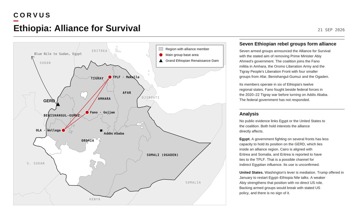 Corvus_Vision's tweet photo. Seven Ethiopian armed groups form the Alliance for Survival. Members operate in six of twelve regions, including the one that hosts the GERD.

#Ethiopia #Tigray #Amhara #Oromia #GERD https://t.co/SPJ4oqdrHC