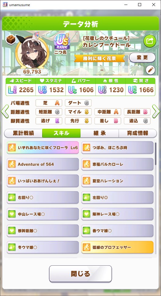 mobumamusumeika's tweet photo. (マイルチャンミのブーケさん)
他の方がやっているのを見てなるほど～と真似させて頂いたアドベンチャー564で本来中長距離でしかでない『思い束ね、前へ』を強引に発動させる型です！

564はデバフを引っ張るイメージしかなかったので盲点でしたがこういう使い方もあるのかと勉強になりました！🙏 https://t.co/A7kBDDcP6d
