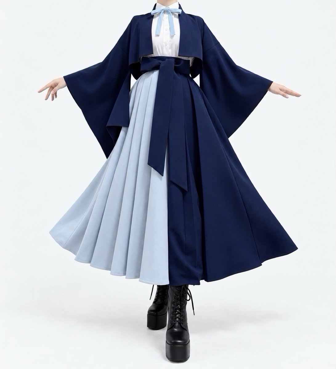 misamaru_kimono's tweet photo. 寒色系和洋折衷コーデ🩵
ネイビーのショート羽織と腰マント風アイスブルーとネイビーの袴スカートを重ねたスタイルが大好き✨ https://t.co/Zo4JfryYKv