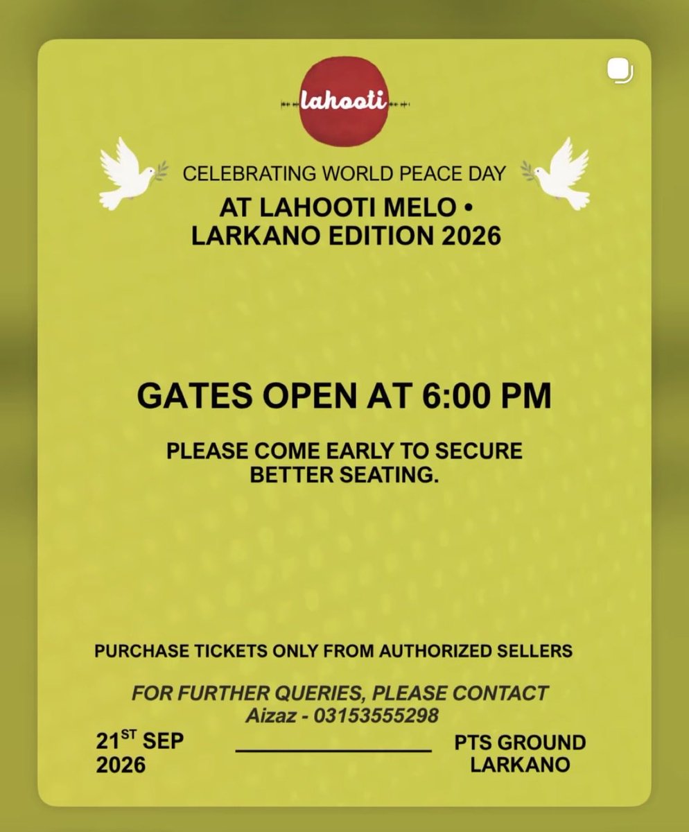 BBhuttoZardari's tweet photo. #AmanMelo in celebration of international peace day brought to you by @Ministerculture &amp; @LahootiMelo happening this evening in Larkano. https://t.co/tzdqaZPzzm