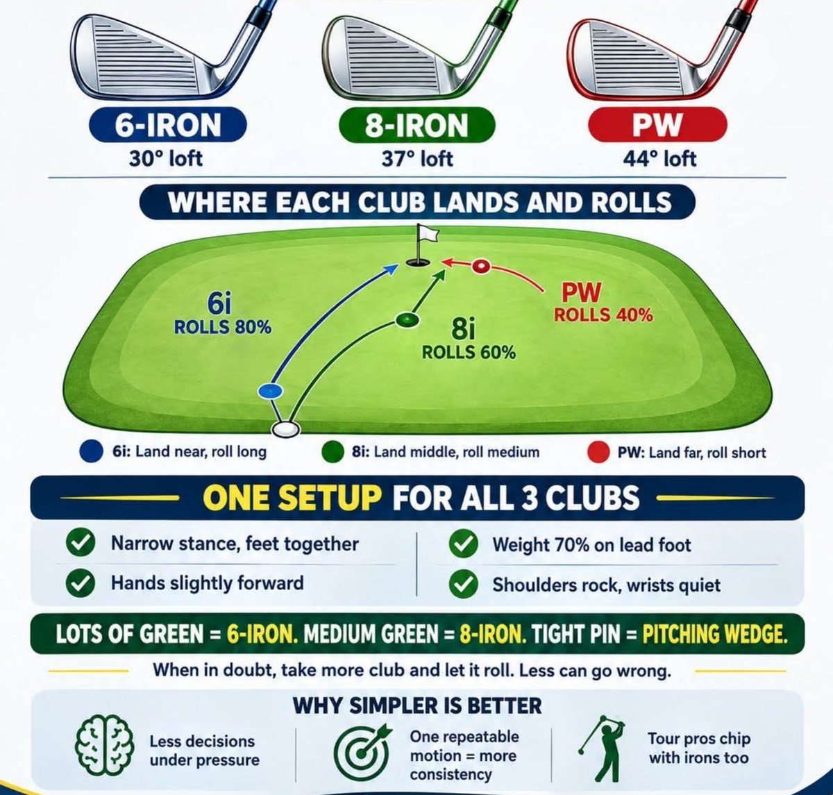 Zinniahazel's tweet photo. Simplify Your Short Game With the 6-8-10 Rule.

Around the green, you do not always need a complicated technique or a different swing for every shot. The 6-8-10 approach gives you a simple way to choose the right club based on how much rollout you want.

 6-Iron Land it closer and let it release about 80% roll
8-Iron A balanced option  about 60% roll
 Pitching Wedge Carry it farther with less rollout about 40% roll
The real key is consistency narrow stance feet close together hands slightly forward weight favoring the lead foot quiet wrists and a controlled rocking motion.
When you have plenty of green to work with using more club and allowing the ball to roll can take a lot of guesswork out of your short game. Fewer decisions a repeatable motion more confidence around the green.