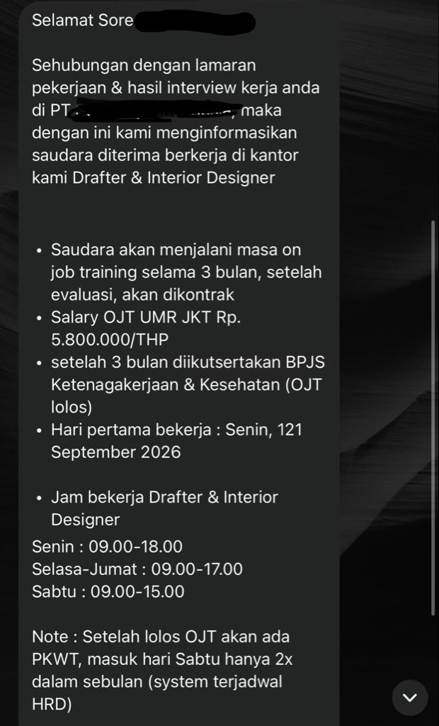 genzcorporation's tweet photo. Hati-hati kalo dapat offering model begini 🚩

Beberapa hal yang menurut gue perlu ditanyakan/di-clear dulu sebelum accept:

- PKWT ga boleh ada probation/masa percobaan, disini HR nya licik, istilahnya diganti sama OJT
- Status OJT ga jelas, di offering ini disebutkan: OJT 3 bulan -> evaluasi -> baru dikontrak. Pas OJT statusnya apa dong?
-  Walaupun misal masih OJT,  aturannya BPJS tetap wajib dicover
- Kerjanya 2 job desc (Drafter & Interior Designer)

Kerja Senin-Sabtu, perlu pertimbangin lagi, jangan cuma lihat nominal salary-nya, hitung juga total jam kerja + workload + status employment + benefit.