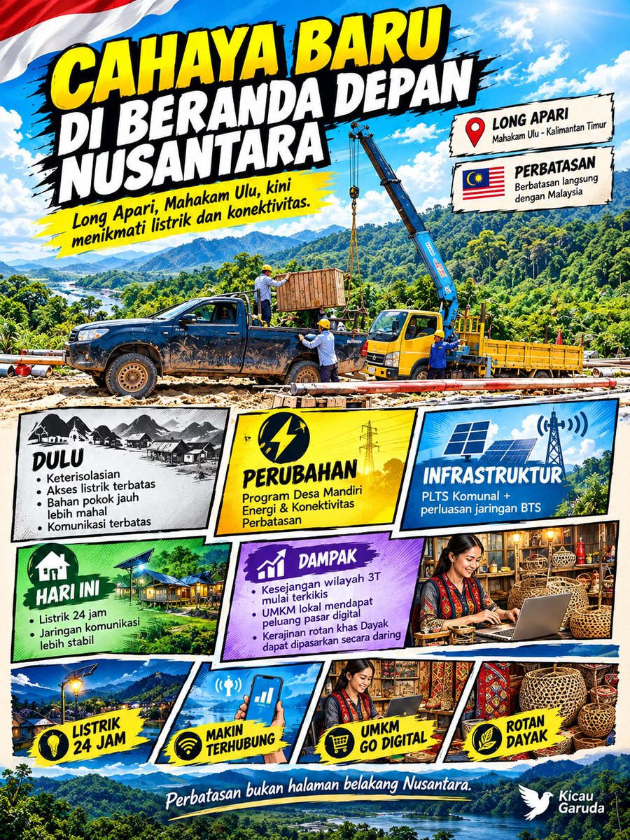 KicauGaruda0's tweet photo. BUKTI TEGAS PEMERATAAN PEMBANGUNAN!
Rasa terasing warga perbatasan Malaysia kini berganti harga diri.

PLTS &amp; menara komunikasi hadir penuh. Perekonomian lokal hidup, kedaulatan bangsa makin kokoh di ujung batas!
#JagaIndonesia #PembangunanMerata #Listrik #KalimantanTimur https://t.co/Ob0mQL552F