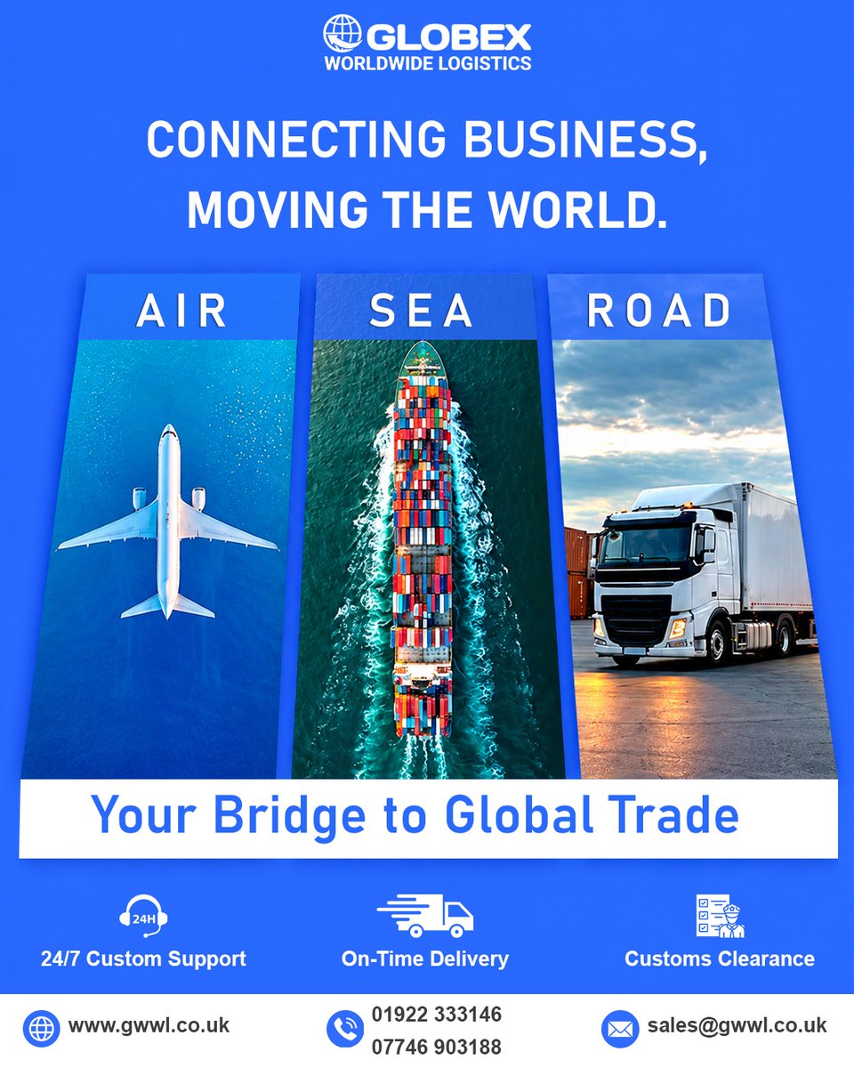 worldwide89776's tweet photo. 🌍 Connecting Business. Moving the World.

Globex Worldwide Logistics connects businesses to global markets through:

✈️ Air Freight
🚢 Sea Freight
🚛 Road Freight
📋 Customs Clearance
⏱️ On-Time Delivery
📞 01922 333146 | 07746 903188
📧 sales@gwwl.co.uk https://t.co/yPbg0gy4pi