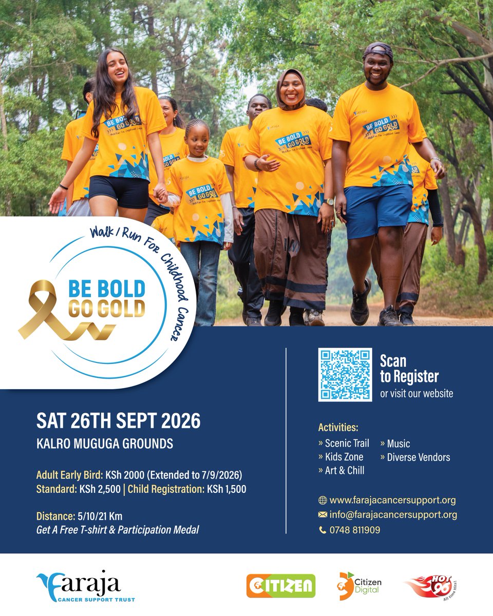 Hot_96Kenya's tweet photo. Join the 5th Be Bold Go Gold Run/Walk this Childhood Cancer Awareness Month! 💛

📅 Sat, 26th Sept 2026
📍 KALRO Muguga Grounds
🏃 5K | 10K | 21K (Physical or Virtual)

Register: https://t.co/J7cbzgOQtv

#BBGG2026 #GoGold https://t.co/FYRreTNQLc