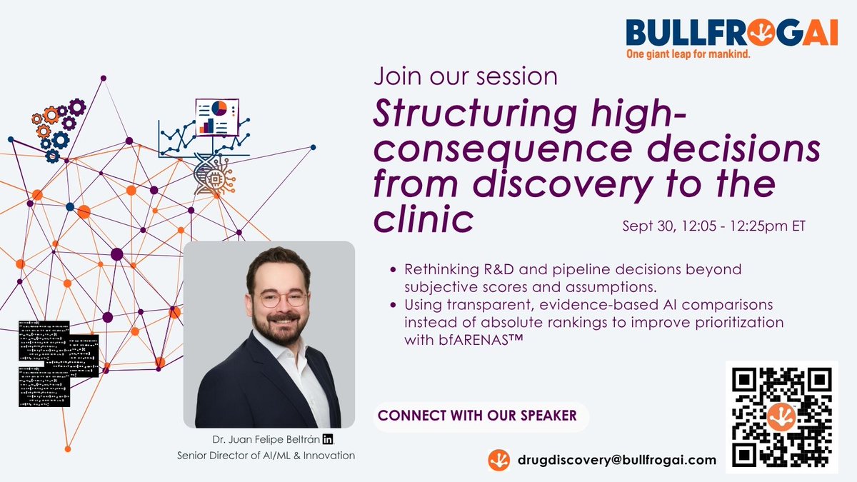 bullfrogai's tweet photo. Counting down to #BioTechXUSA in #Boston. Join Dr. Beltrán for his session, Structuring High-Consequence Decisions from Discovery to the Clinic, on Sept. 30 at 12:05 PM ET.
Stop by Booth 400 to see what's new in our AI-powered tech stack.
#AI #MachineLearning #DrugDiscovery https://t.co/K1vQUkfcs6