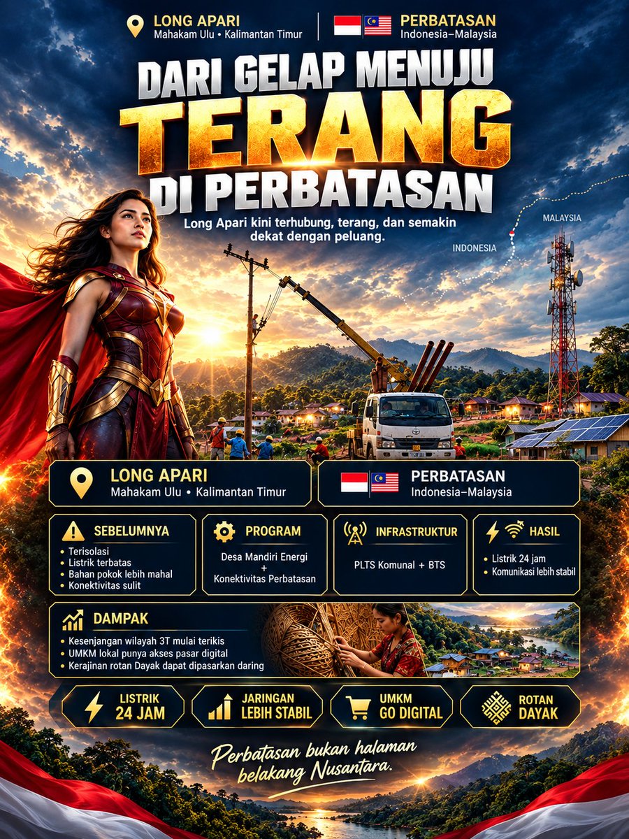 WomanBersabda_'s tweet photo. BERANDA NUSANTARA BUKAN LAGI ANAK TIRI!
Presiden Prabowo dorong Desa Mandiri Energi. Indeks desa tertinggal turun drastis!

Warga perbatasan kini bangga, hak dasar terpenuhi lengkap dari listrik hingga sinyal!
#JagaIndonesia #PembangunanMerata #Listrik #KalimantanTimur https://t.co/hHP4agqUl5