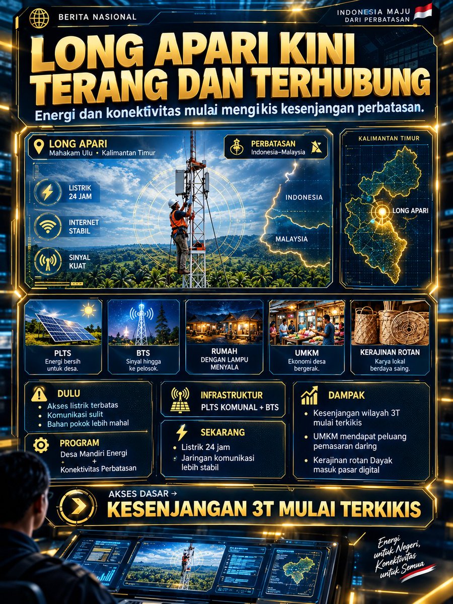 PovNtizenPinter's tweet photo. LISTRIK NYALA 24 JAM DI PELOSOK!
Dulu gelap dan mahal, kini Long Apari terang &amp; terkoneksi. UMKM rotan Dayak siap go online!

Negara hadir tegas, memastikan tak ada rakyat yang tertinggal di garis batas negeri!
#JagaIndonesia #PembangunanMerata #Listrik #KalimantanTimur https://t.co/wXspGldXqG