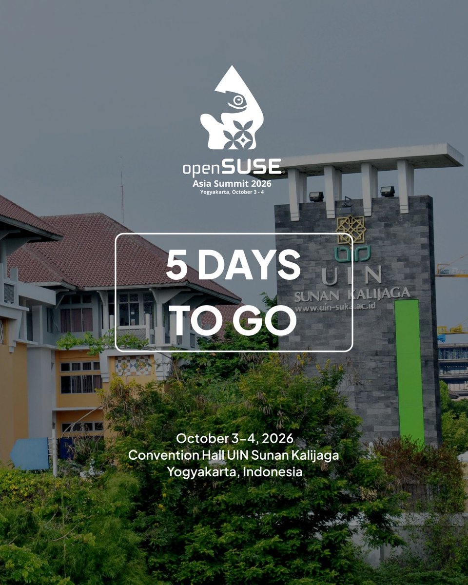 openSUSE_ID's tweet photo. ⏳ 5 days to go! 🚀

The excitement is building up as we get closer to https://t.co/b2r2KyHIuc Summit 2026. Get your bags packed and your questions ready for an amazing open-source weekend in Yogyakarta! 🦎✨

#openSUSE #oSAS26 https://t.co/m7WGvfj1kP