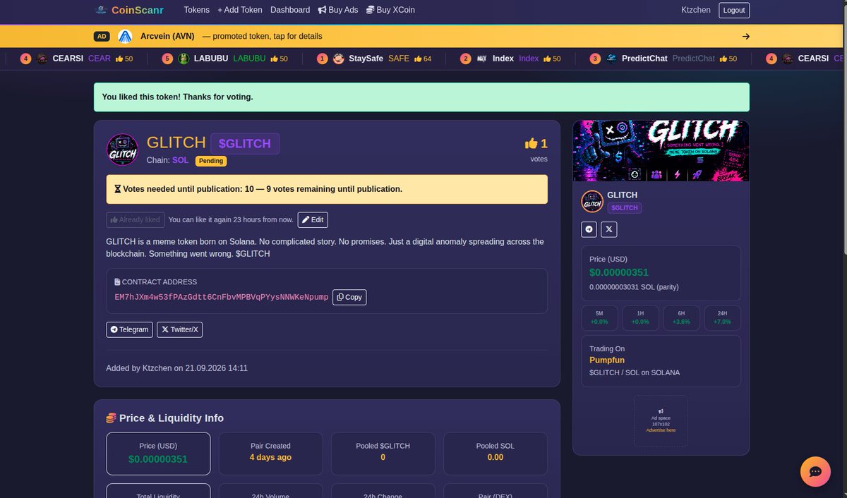 GlitchMemeToken's tweet photo. Glitch live on CoinScan!

We need 10 votes there.. Please visit the link and vote for Glitch

https://t.co/KU04Ixh9Lr

#Solana #Memecion https://t.co/P31WIcC6VO